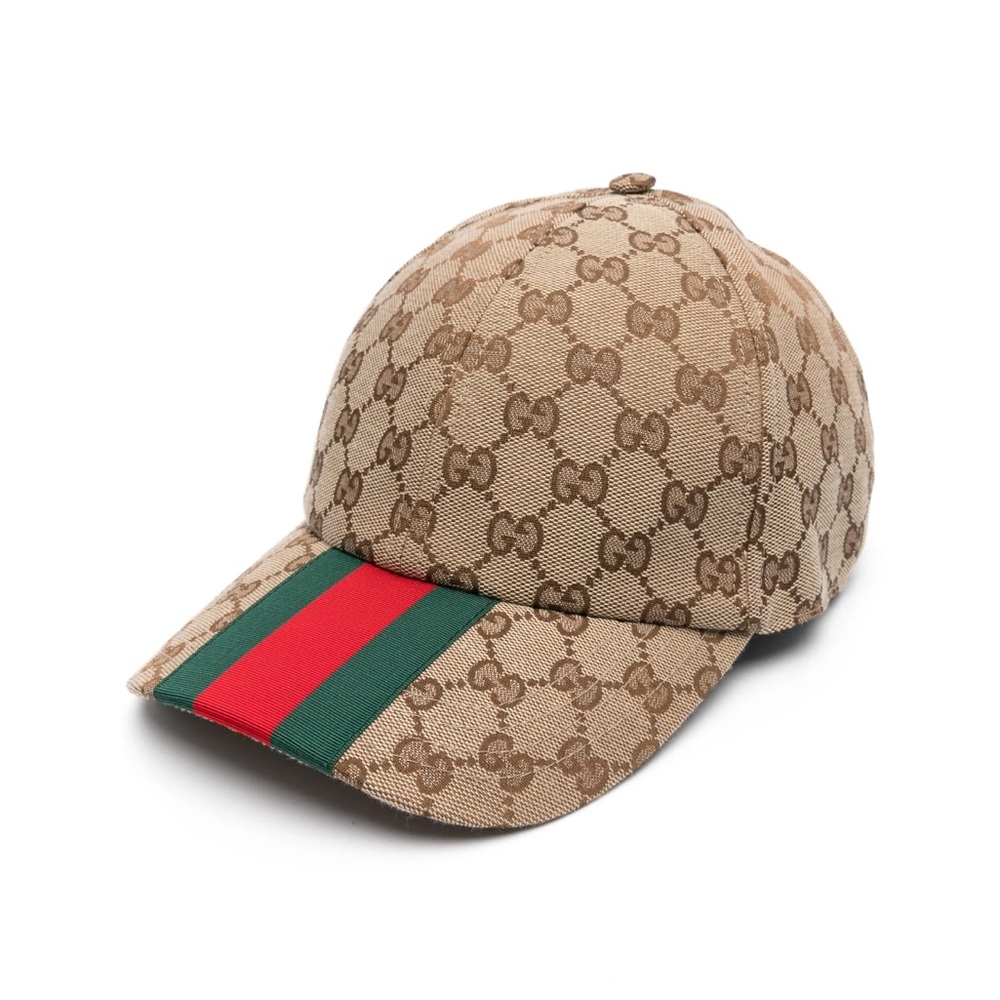 Authentic Gucci Tan and Green Monogram Hat with Signature Stripe